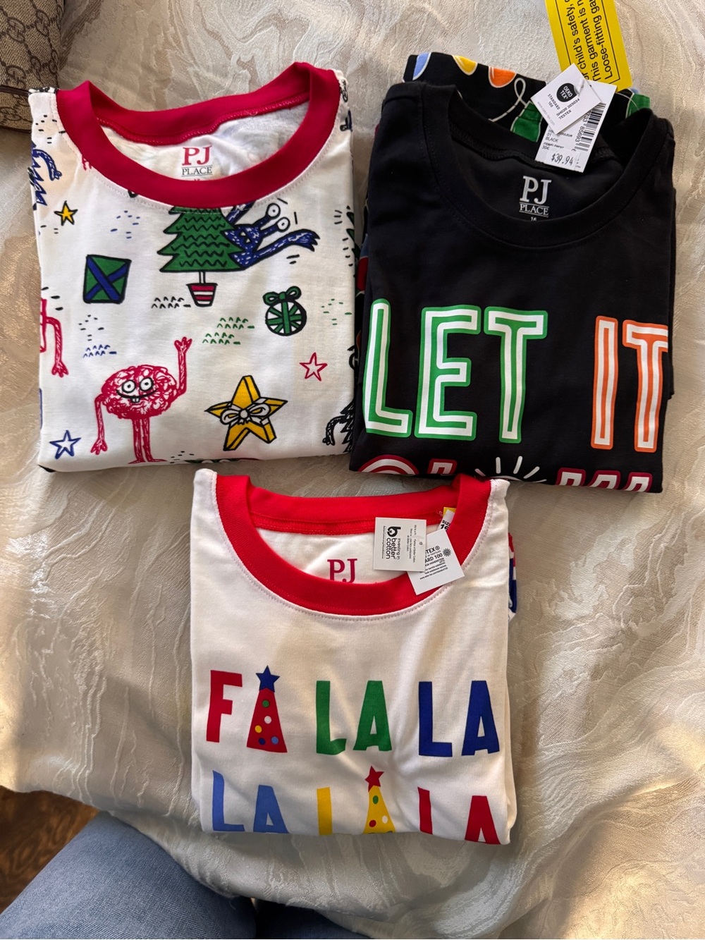 Place Kids Pajama Tops — White, Black, Red & Multicolor Holiday Prints ( 3 Sets)